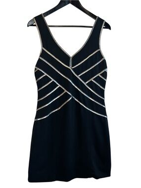 SpicySugar Black Mini Dress Silver Trim Stretch Fit & Flare Y2K